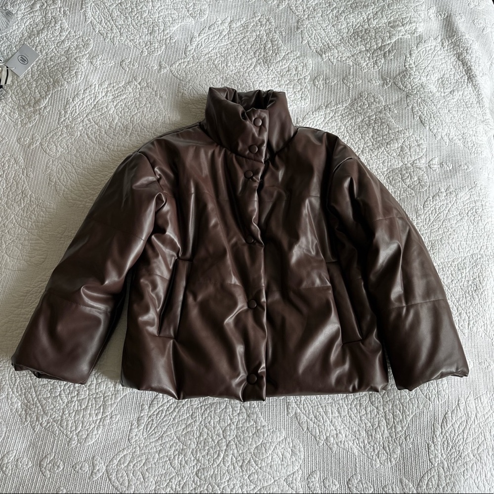 Brown faux leather puffy coat